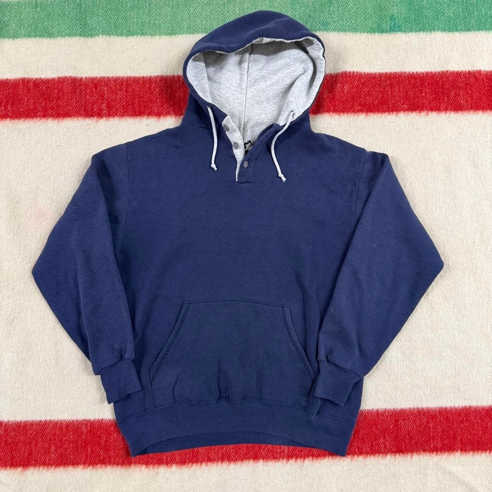 Vintage 80s Henley Button Hoodie Sweatshirt Pullover Navy Blue Mens S/M